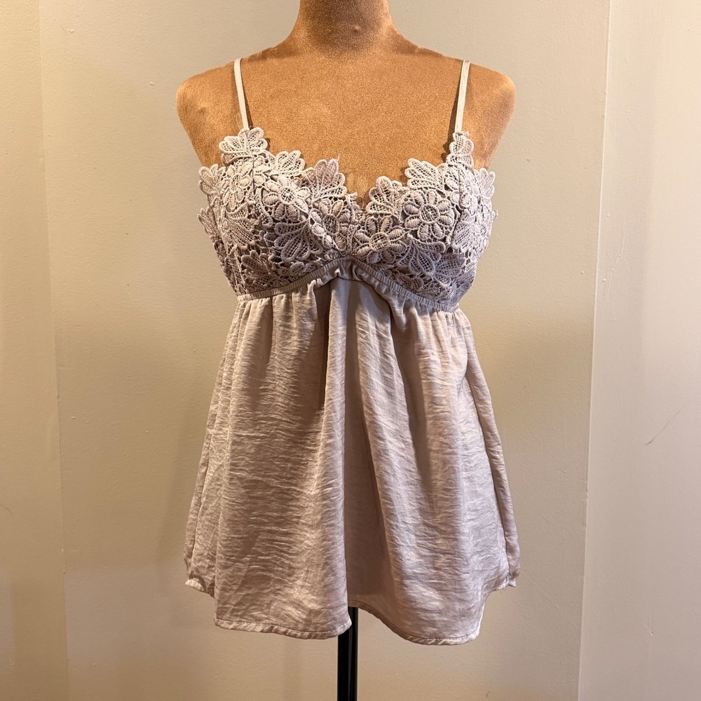 Hudson Gray Cami Top Women S Taupe Lace Trim Satin Babydoll Boho Romantic Dainty